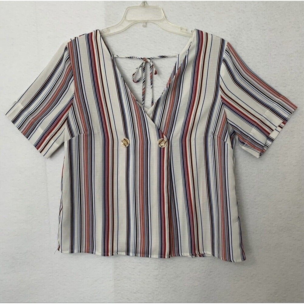 Luxology Blouse Women M Multicolor Red White Blue Vertical Stripe Comfy Festival